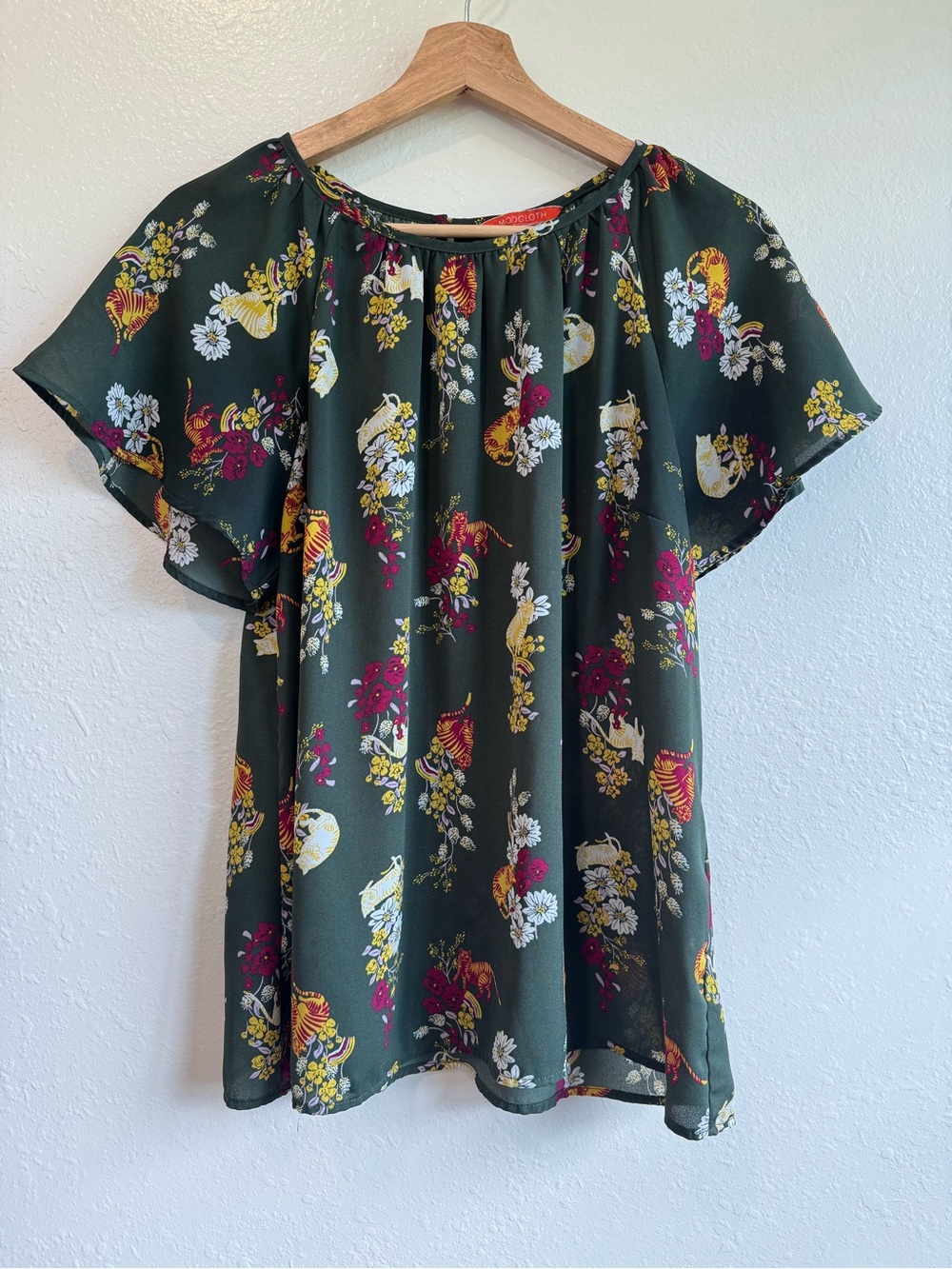 Modcloth | Forest Green Floral Flutter-Sleeve Cat Print Blouse | Size L